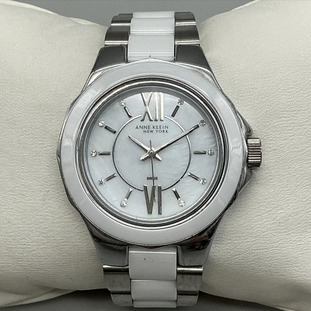 Anne Klein 212141 Womens Watch 35mm Silver White Ceramic 30M New Battery 6.25